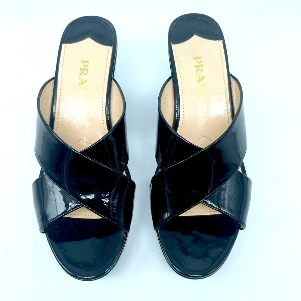 Prada Black Patent Leather Wedges